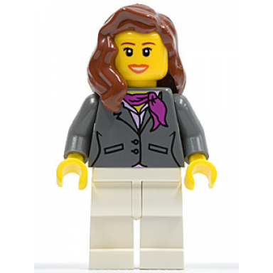 dark bluish gray jacket with magenta scarf white legs reddish brown female hair over shoulder