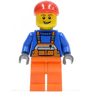 overalls with safety stripe orange orange legs red short bill cap open grin