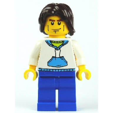 white hoodie with medium blue pocket blue legs dark brown mid-length tousled hair