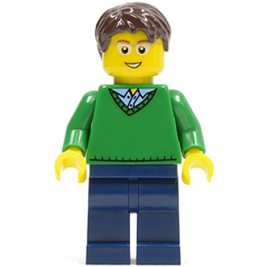 green v-neck sweater dark blue legs dark brown short tousled hair glasses