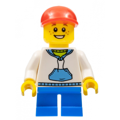 child - boy white hoodie with medium blue pocket blue short legs red cap freckles