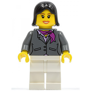 dark bluish gray jacket with magenta scarf white legs black female hair