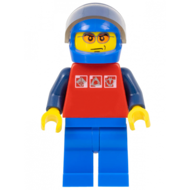 red shirt with 3 silver logos dark blue arms blue legs blue helmet orange sunglasses