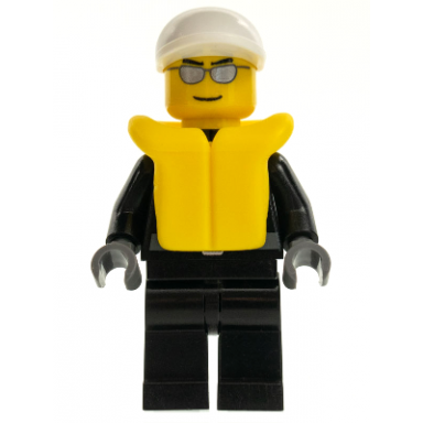 police - city leather jacket with gold badge white short bill cap silver sunglasses life jacket