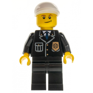 police - city suit with blue tie and badge black legs white short bill cap crooked smile