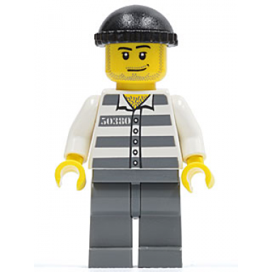 police - jail prisoner 50380 prison stripes dark bluish gray legs black knit cap smirk and stubble beard