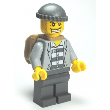 police - jail prisoner jacket over prison stripes dark bluish gray legs dark bluish gray knit cap gold tooth backpack
