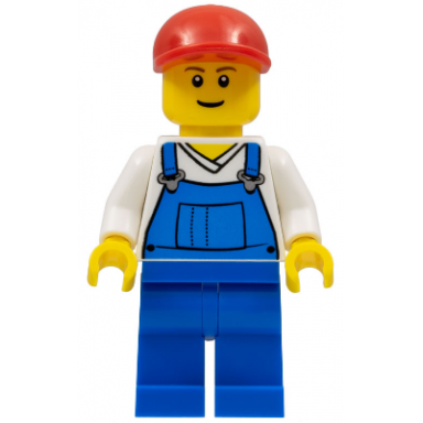 overalls blue over v-neck shirt blue legs red short bill cap