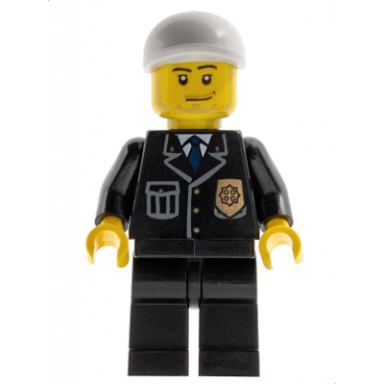 police - city suit with blue tie and badge black legs white short bill cap smirk and stubble beard