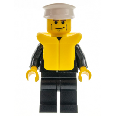 police - city suit with blue tie and badge black legs vertical cheek lines white hat life jacket