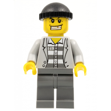 police - jail prisoner jacket over prison stripes dark bluish gray legs black knit cap gold tooth