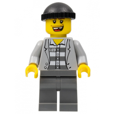 police - jail prisoner jacket over prison stripes dark bluish gray legs black knit cap missing tooth