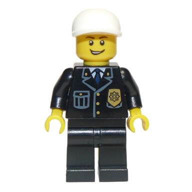 police - city suit with blue tie and badge black legs white short bill cap open grin