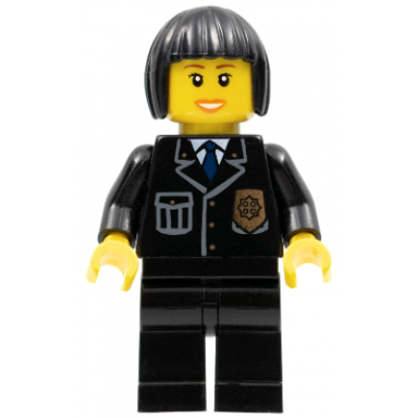 police - city suit with blue tie and badge black legs black bob cut hair