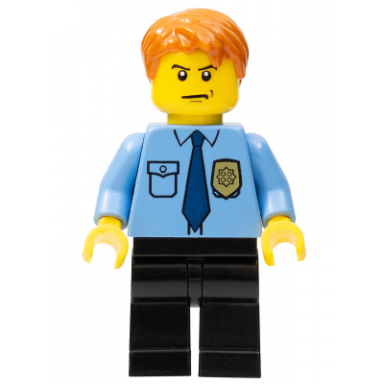 police - city shirt with dark blue tie and gold badge black legs dark orange short tousled hair