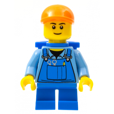 overalls with tools in pocket blue orange short bill cap blue short legs d-basket black eyebrows