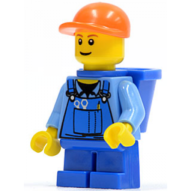 overalls with tools in pocket blue orange short bill cap blue short legs d-basket reddish brown eyebrows