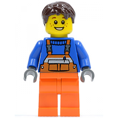 overalls with safety stripe orange orange legs dark brown tousled hair open grin and freckles
