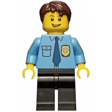 police - city shirt with dark blue tie and gold badge black legs dark brown short tousled hair