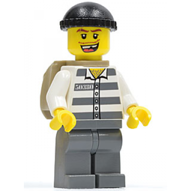 police - jail prisoner 50380 prison stripes dark bluish gray legs black knit cap missing tooth backpack