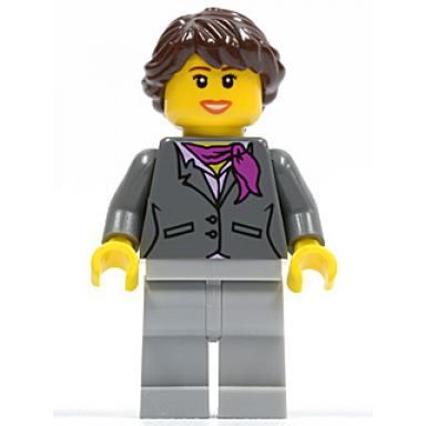 dark bluish gray jacket with magenta scarf light bluish gray legs dark brown hair ponytail long french braided brown eyebrows