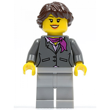 dark bluish gray jacket with magenta scarf light bluish gray legs dark brown hair ponytail long french braided black eyebrows