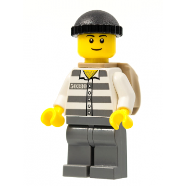 police - jail prisoner 50380 prison stripes dark bluish gray legs black knit cap black eyebrows thin grin backpack