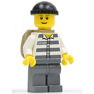 police - jail prisoner 50380 prison stripes dark bluish gray legs black knit cap reddish brown eyebrows thin grin backpack