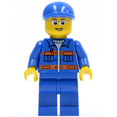 blue jacket with pockets and orange stripes blue legs blue short bill cap glasses open mouth smile