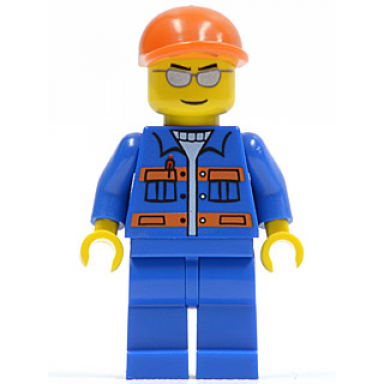 blue jacket with pockets and orange stripes blue legs orange short bill cap silver sunglasses