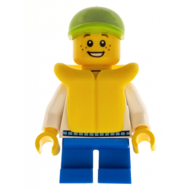 child - boy white hoodie with medium blue pocket blue short legs lime cap freckles yellow life jacket
