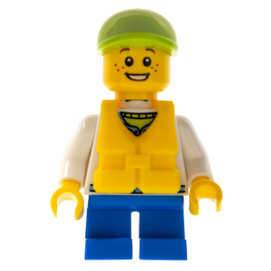 child - boy white hoodie with medium blue pocket blue short legs lime cap freckles yellow life jacket with buckle