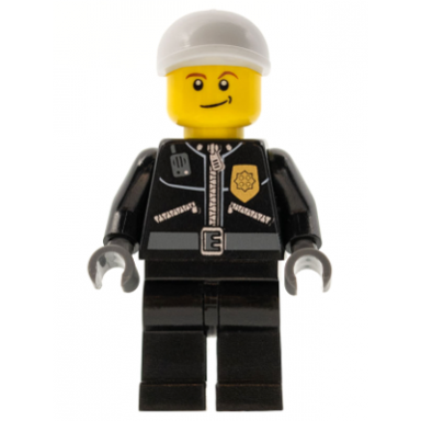 police - city leather jacket with gold badge and police on back white short bill cap lopsided smile