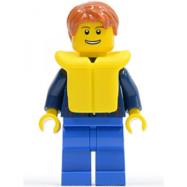 plaid button shirt blue legs dark orange short tousled hair yellow life jacket thin grin with teeth