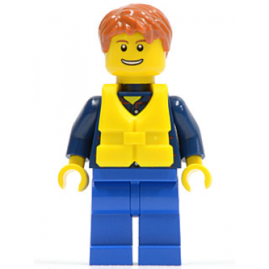plaid button shirt blue legs dark orange short tousled hair yellow life jacket center buckle thin grin with teeth