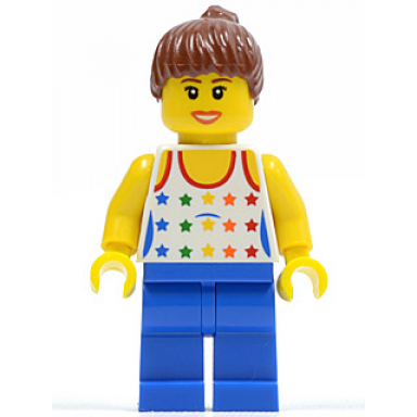 shirt with female rainbow stars pattern blue legs reddish brown ponytail hair brown eyebrows