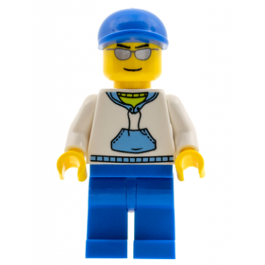 white hoodie with medium blue pocket blue legs blue short bill cap