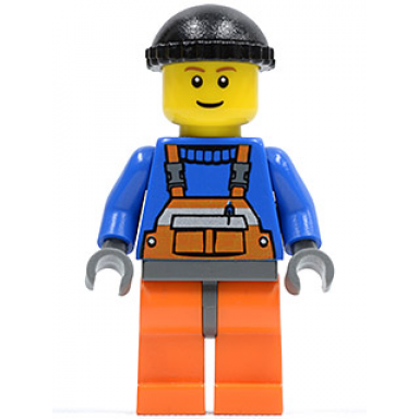 overalls with safety stripe orange orange legs and dark bluish gray hips black knit cap