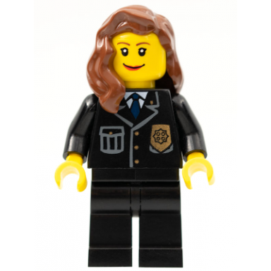 police - city suit with blue tie and badge black legs reddish brown female hair over shoulder