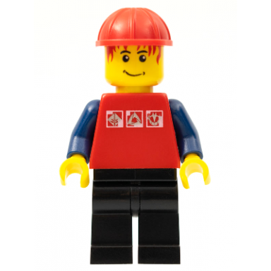 red shirt with 3 silver logos dark blue arms black legs messy red hair red construction helmet