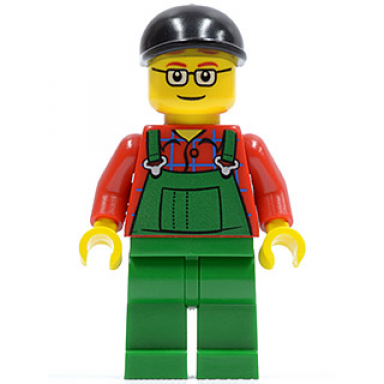 overalls farmer green black short bill cap and glasses