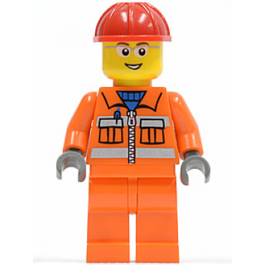 construction worker - orange zipper safety stripes orange arms orange legs red construction helmet glasses with gray side frames crane operator