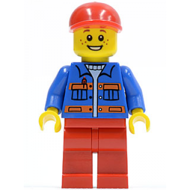 blue jacket with pockets and orange stripes red legs red short bill cap