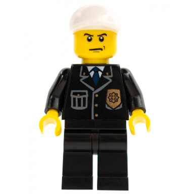 police - city suit with blue tie and badge black legs white short bill cap scowl