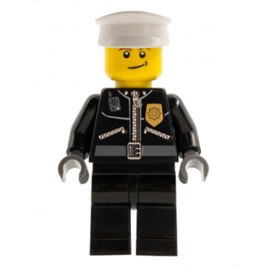 police - city leather jacket with gold badge and police on back white hat lopsided smile