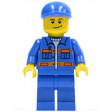 blue jacket with pockets and orange stripes blue legs blue short bill cap crooked smile