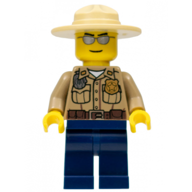 forest police - dark tan shirt with pockets radio and gold badge dark blue legs campaign hat silver sunglasses