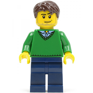 green v-neck sweater dark blue legs dark brown short tousled hair smirk and stubble beard