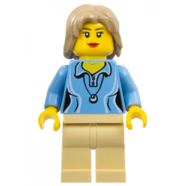 medium blue female shirt with two buttons and shell pendant tan legs dark tan mid-length tousled hair
