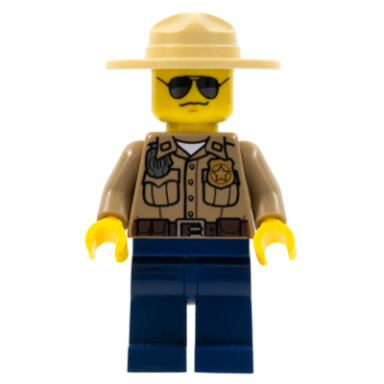 forest police - dark tan shirt with pockets radio and gold badge dark blue legs campaign hat black and silver sunglasses